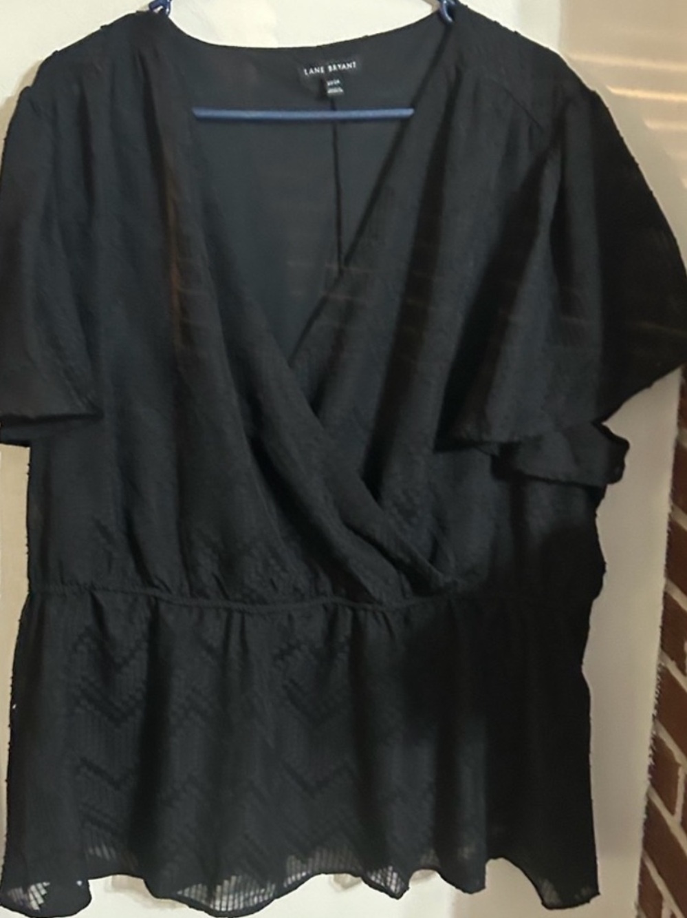 Lane Bryant Size 22/24 Black Flutter-Sleeve Surplice Faux Wrap Blouse